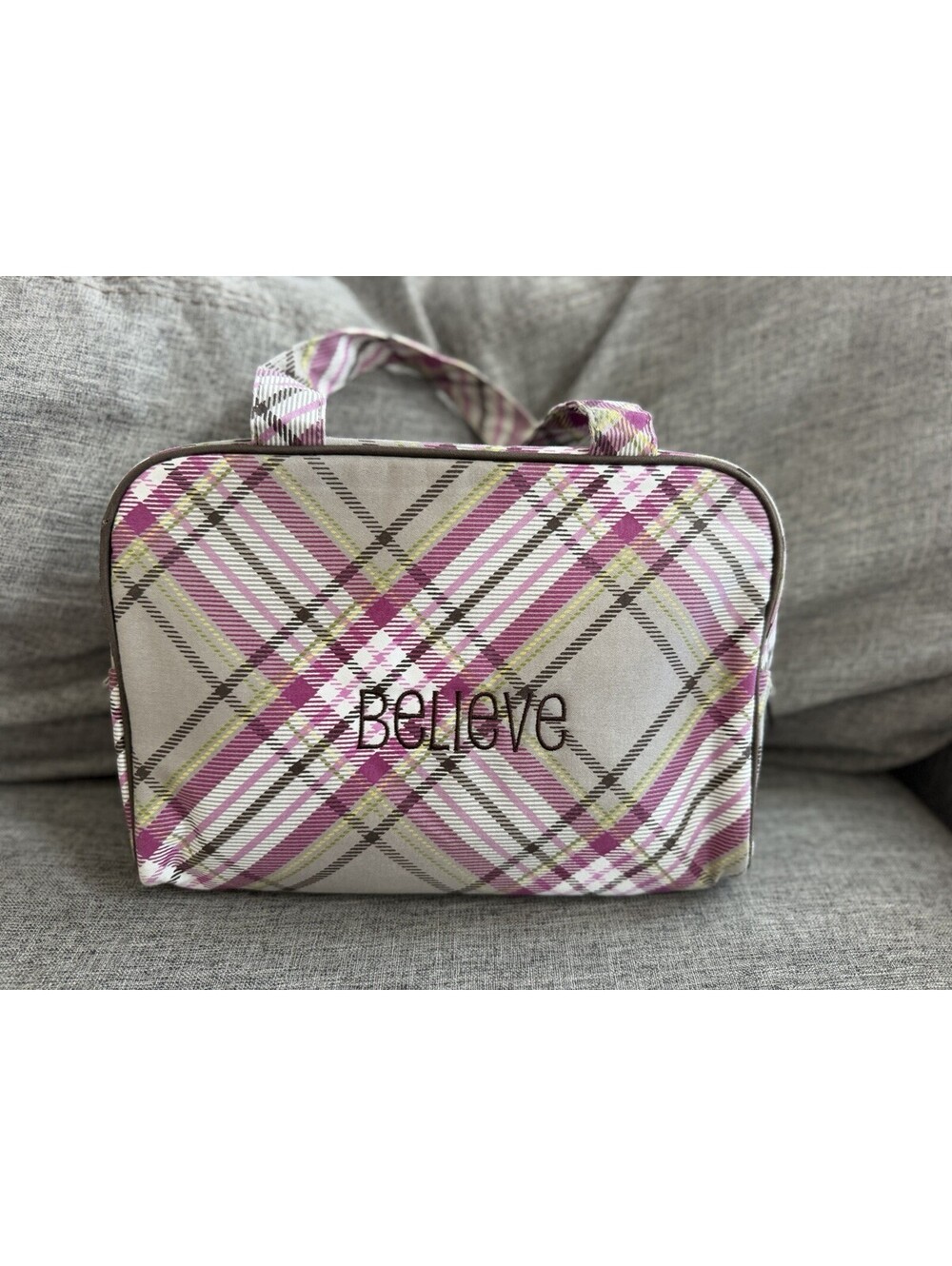 Thirty One Timeless Beauty Bag In Plum Plaid Embroidered Believe Makeup Case